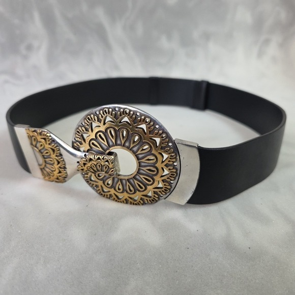 Chico's Accessories - Chico's Black Genuine Leather Belt S/M Boho Mixed Metal Ornate Buckle 30" 2485